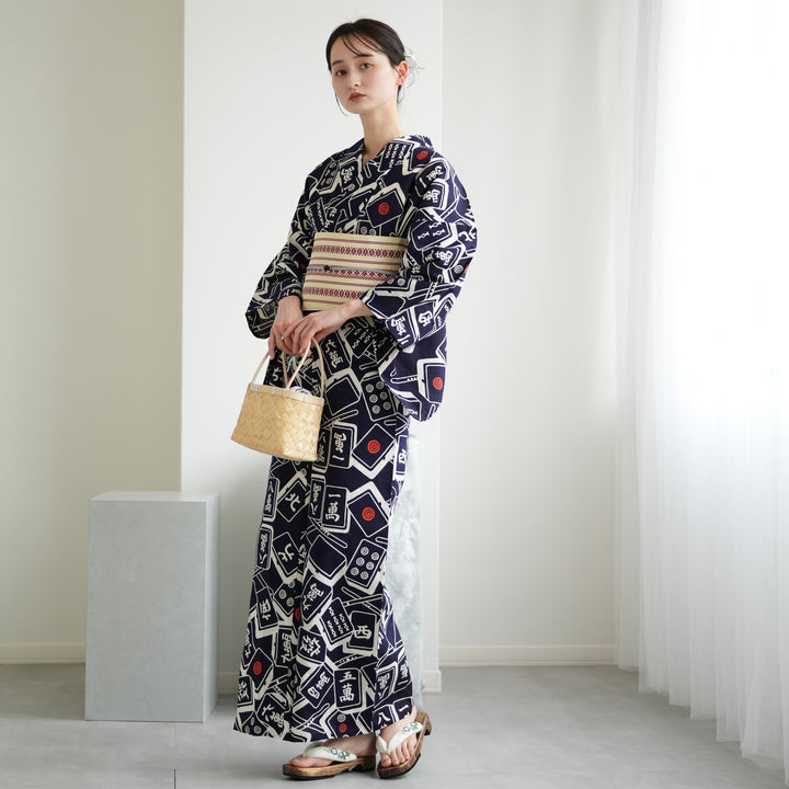 utatane×注染工房 浴衣3点セット（ゆかた・帯・下駄）紺地の麻雀牌
