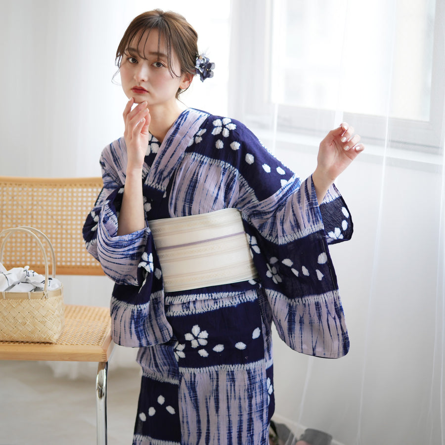 ゆりのはな　絞り浴衣反物　伝統工芸　有松鳴海絞り　総絞り　紺色系　綿　F701 ゆりのはな 絞り浴衣反物 伝統工芸 有松鳴海絞り 総絞り 紺色系