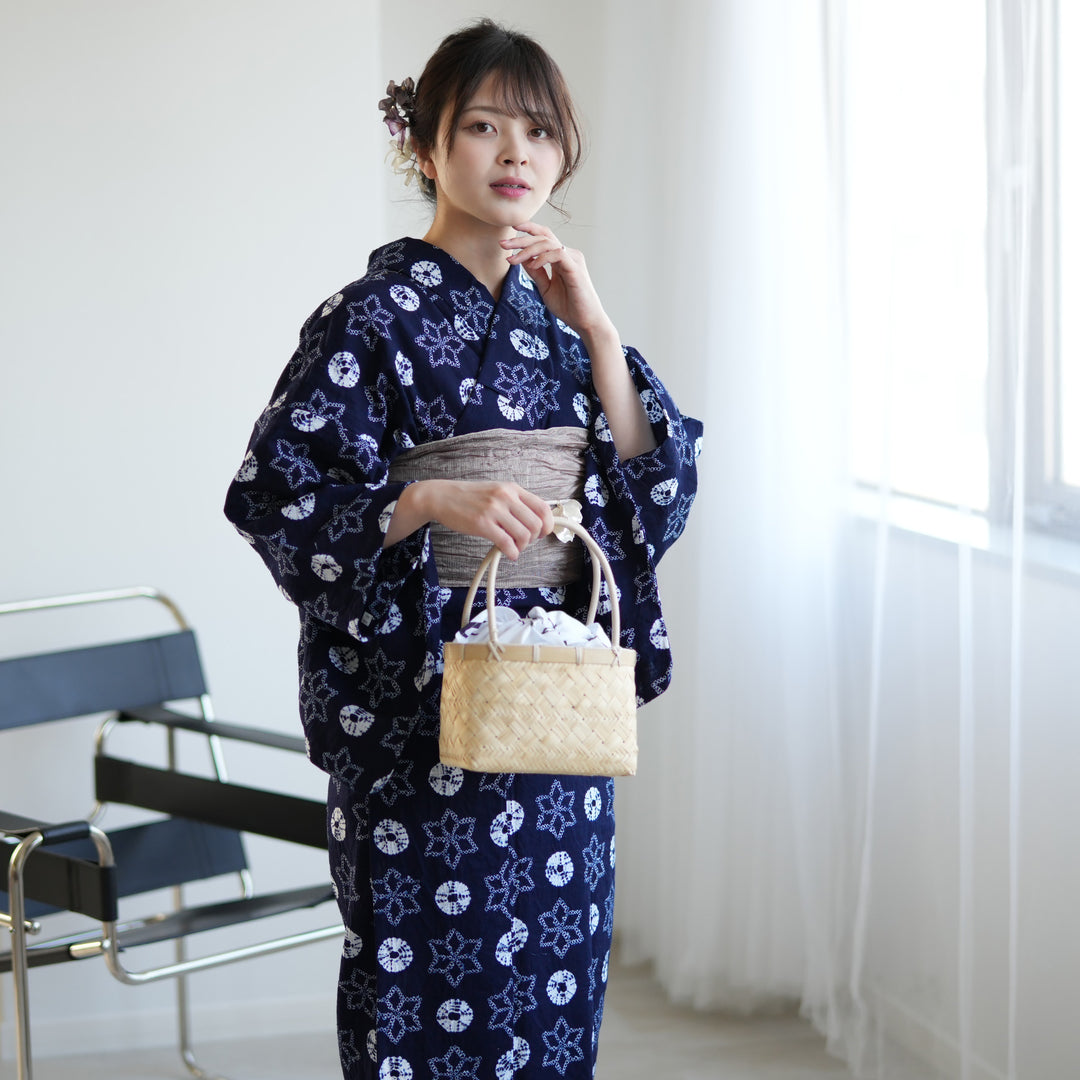 専用未使用品　和服　綿100% いろは歌模様　有松絞り　浴衣(袖仕付け糸) 専用未使用品 和服 綿100% いろは歌模様 有松絞り 浴衣(袖仕付け糸)