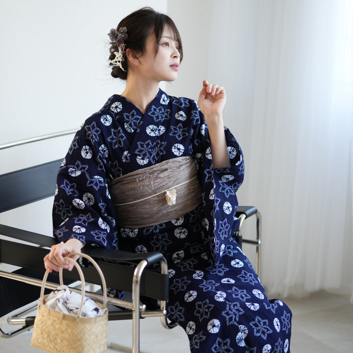 utatane 有松絞り 浴衣3点セット ( ゆかた・帯・下駄 ) 藍色の