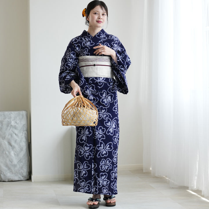 有松鳴海しぼり浴衣　帯セット 有松絞り 浴衣3点セット ( ゆかた・帯・下駄 ) 藍色に隠れる四つ葉