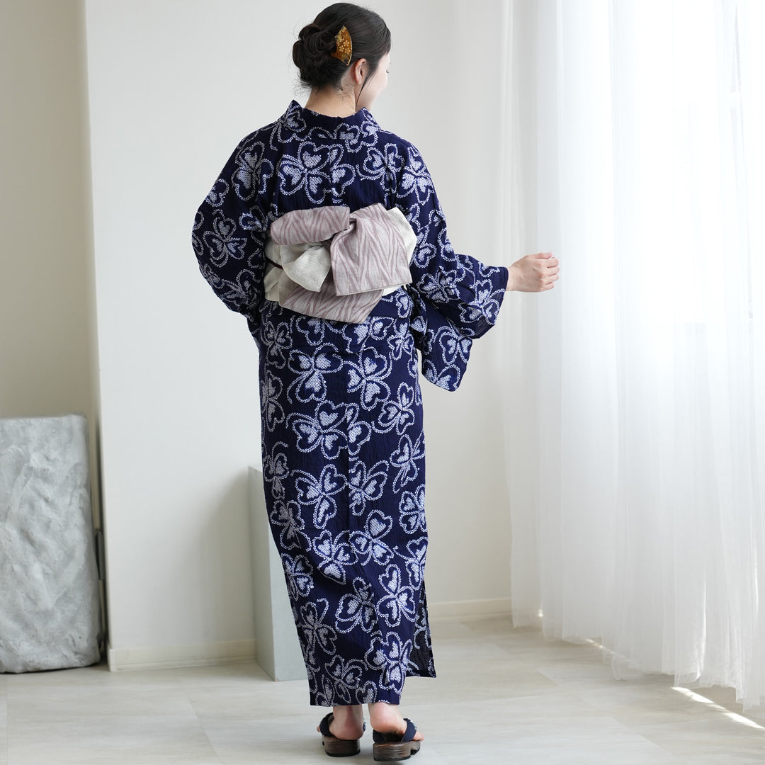 有松絞り 浴衣3点セット ( ゆかた・帯・下駄 ) 藍色に隠れる四つ葉