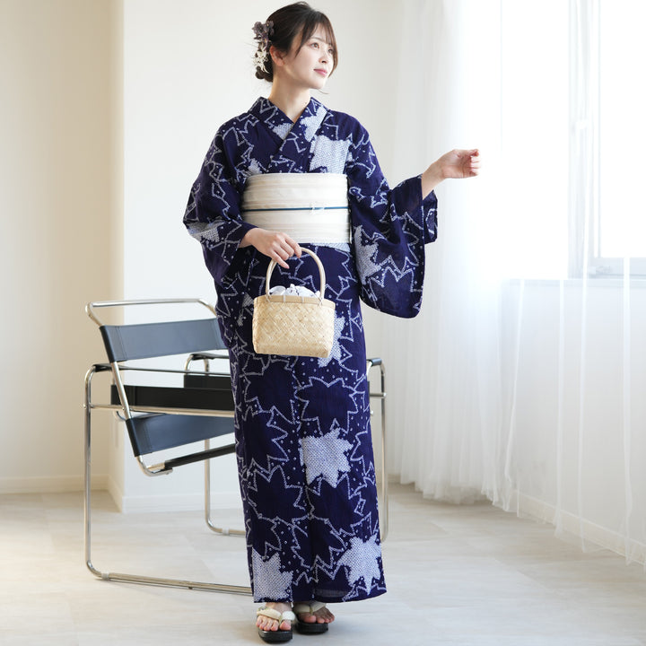 utatane 有松絞り 浴衣3点セット ( ゆかた・帯・下駄 ) 藍色にアイビー