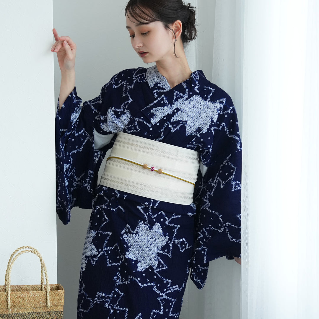 有松絞り 浴衣3点セット ( ゆかた・帯・下駄 ) 藍色にアイビー
