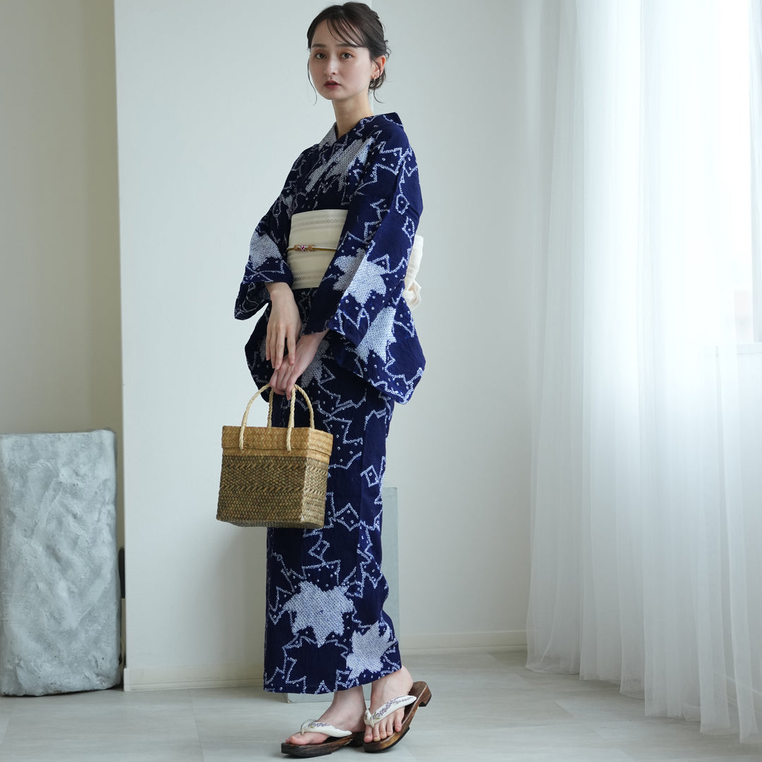 有松絞り 浴衣3点セット ( ゆかた・帯・下駄 ) 藍色にアイビー