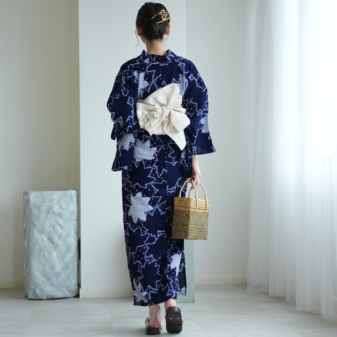 有松絞り 浴衣3点セット ( ゆかた・帯・下駄 ) 藍色にアイビー