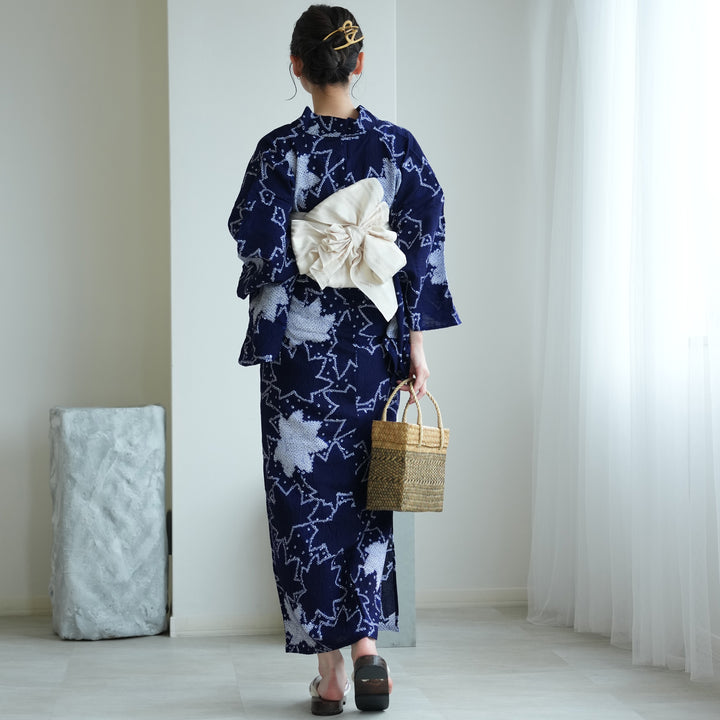 有松絞り 浴衣3点セット ( ゆかた・帯・下駄 ) 藍色にアイビー