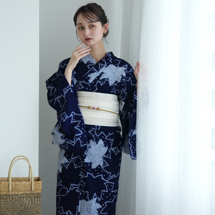 有松絞り浴衣帯セット 有松絞り 浴衣3点セット ( ゆかた・帯・下駄 ) 藍色にアイビー