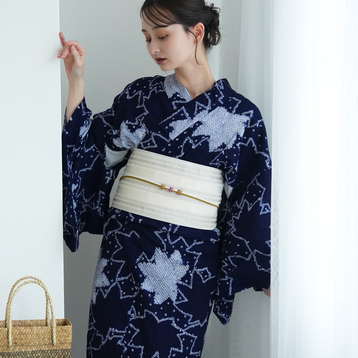 有松絞り 浴衣3点セット ( ゆかた・帯・下駄 ) 藍色にアイビー