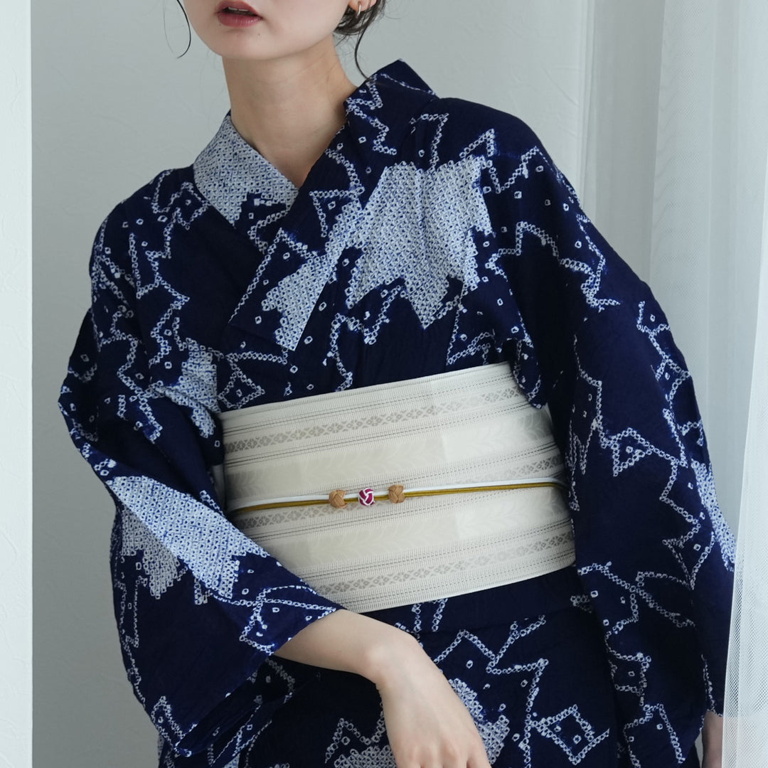 有松絞り 浴衣3点セット ( ゆかた・帯・下駄 ) 藍色にアイビー