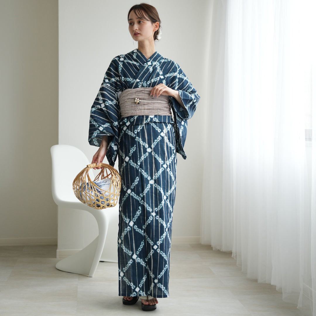 utatane 有松絞り 浴衣3点セット ( ゆかた・帯・下駄 ) 鉄紺の手筋重ね