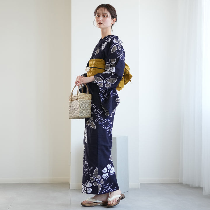 utatane 浴衣3点セット 絞り染め 上品柄 utatane 浴衣 有松絞り浴衣3点セット 黒地に花露 レディース