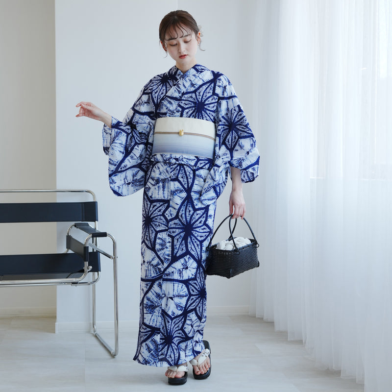 【 utatane 有松絞り 浴衣3点セット ( ゆかた・帯・下駄 ) 絞り 近藤美枝子　近藤幸子/ 絞り染 北條義昌　流れ麻】フリーサイズ　極み 伝統工芸 日本製 国内縫製 手縫い併用  （5010258911）