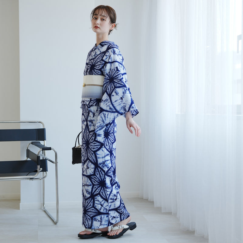 【 utatane 有松絞り 浴衣3点セット ( ゆかた・帯・下駄 ) 絞り 近藤美枝子　近藤幸子/ 絞り染 北條義昌　流れ麻】フリーサイズ　極み 伝統工芸 日本製 国内縫製 手縫い併用  （5010258911）