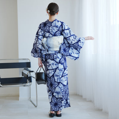 【 utatane 有松絞り 浴衣3点セット ( ゆかた・帯・下駄 ) 絞り 近藤美枝子　近藤幸子/ 絞り染 北條義昌　流れ麻】フリーサイズ　極み 伝統工芸 日本製 国内縫製 手縫い併用  （5010258911）