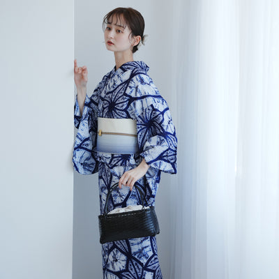 【 utatane 有松絞り 浴衣3点セット ( ゆかた・帯・下駄 ) 絞り 近藤美枝子　近藤幸子/ 絞り染 北條義昌　流れ麻】フリーサイズ　極み 伝統工芸 日本製 国内縫製 手縫い併用  （5010258911）