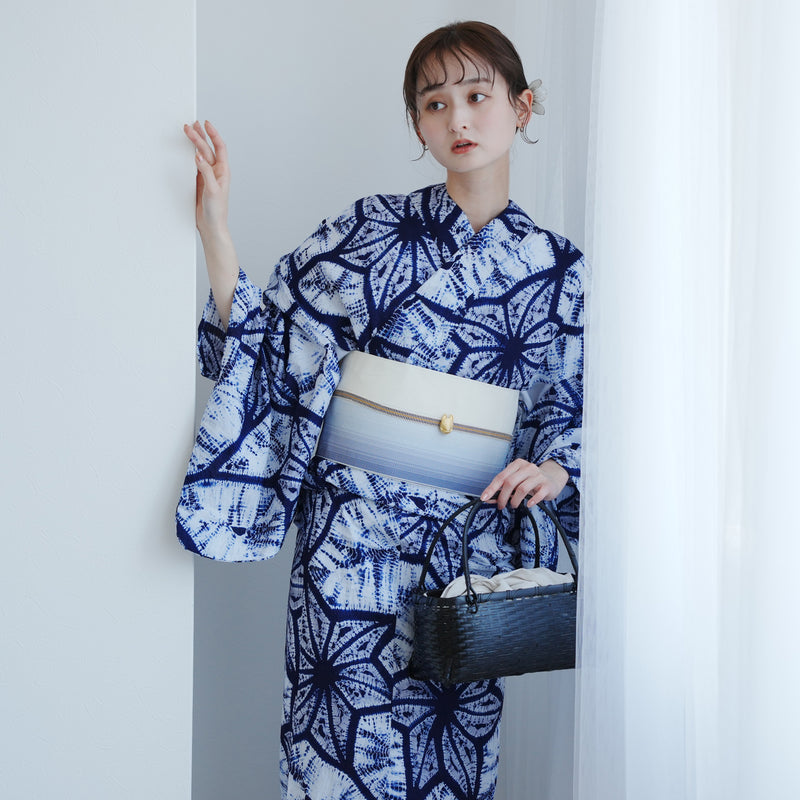 【 utatane 有松絞り 浴衣3点セット ( ゆかた・帯・下駄 ) 絞り 近藤美枝子　近藤幸子/ 絞り染 北條義昌　流れ麻】フリーサイズ　極み 伝統工芸 日本製 国内縫製 手縫い併用  （5010258911）