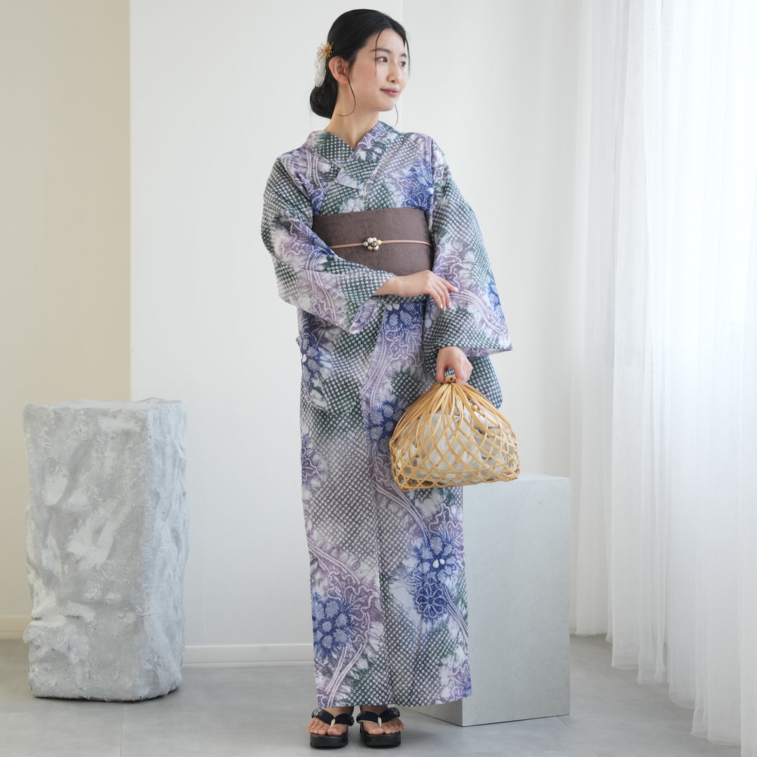 utatane 有松絞り 浴衣3点セット ( ゆかた・帯・下駄 ) 緑に流れる青紫