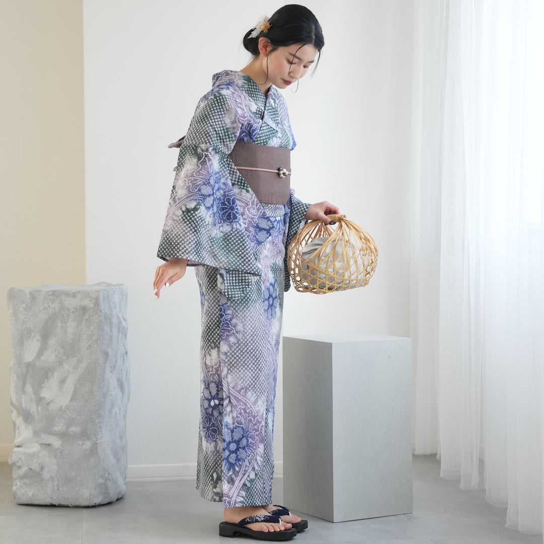 utatane 有松絞り 浴衣3点セット ( ゆかた・帯・下駄 ) 緑に