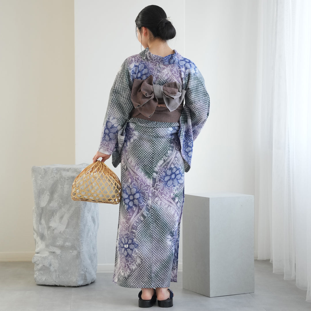 utatane 有松絞り 浴衣3点セット ( ゆかた・帯・下駄 ) 緑に流れる青紫