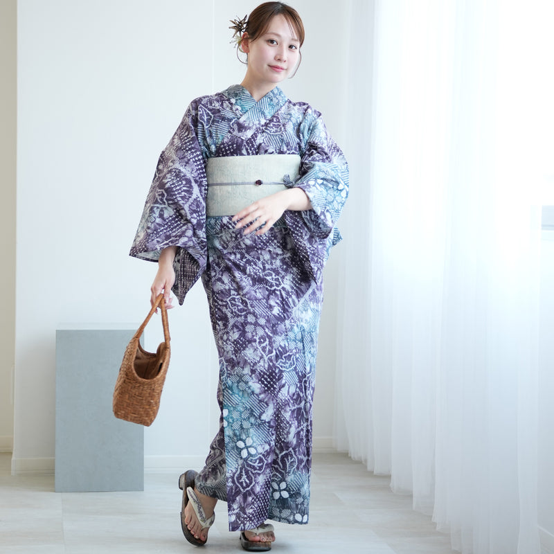 【 utatane 有松絞り 浴衣3点セット ( ゆかた・帯・下駄 ) 紫と緑の蔓花】フリーサイズ　特選シリーズ 伝統工芸 日本製 国内縫製 手縫い併用  （5010259711）