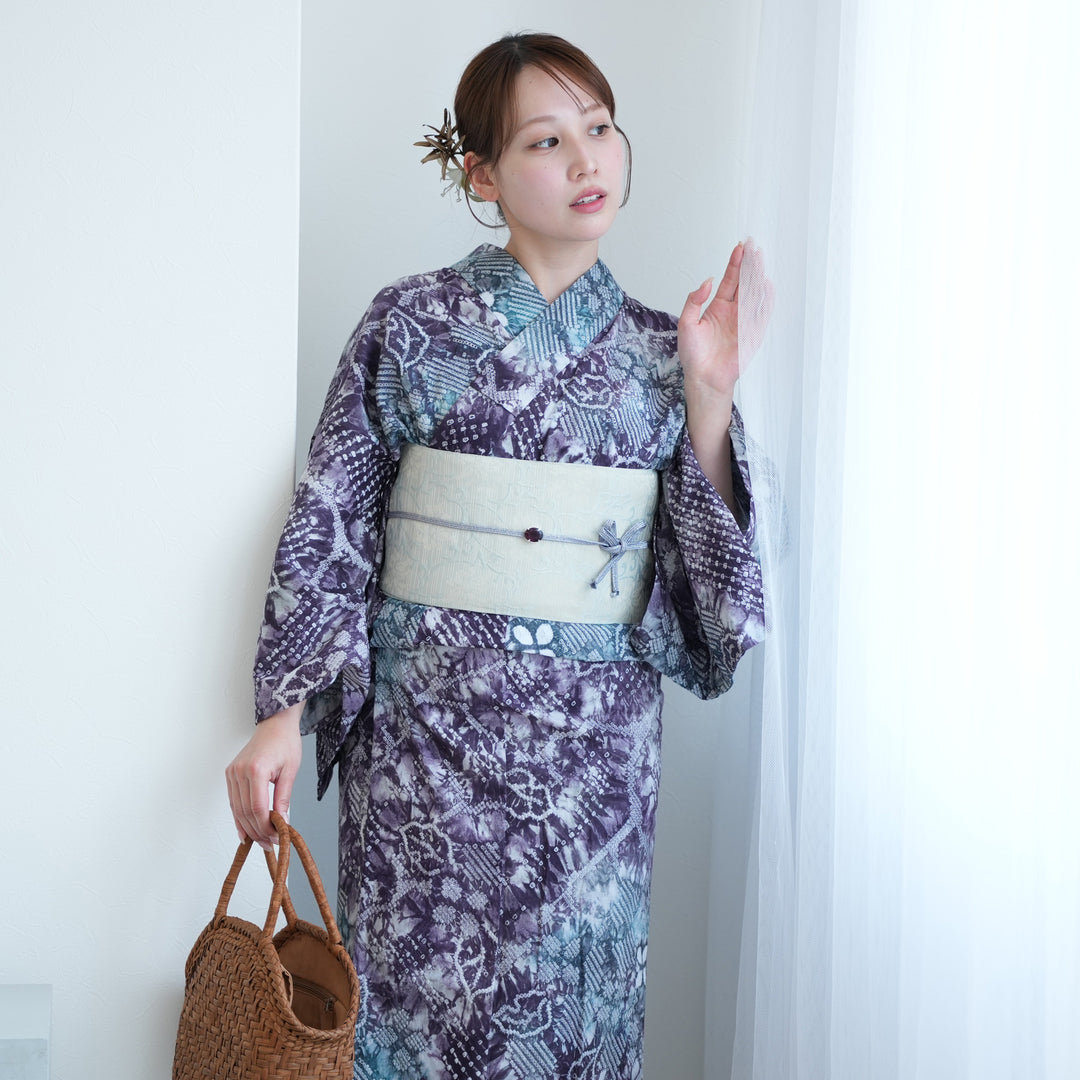 3*m様 絞り浴衣 有松絞り【美品】 藤の花 160/64 手縫い utatane 浴衣 有松絞り浴衣3点セット 藤色ひだまりの花