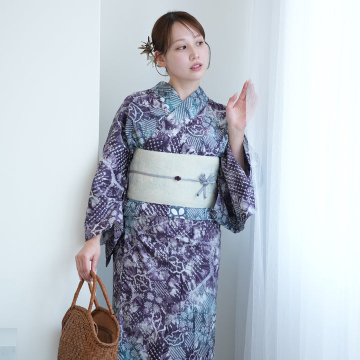 utatane 有松絞り 浴衣3点セット ( ゆかた・帯・下駄 ) 紫と緑の