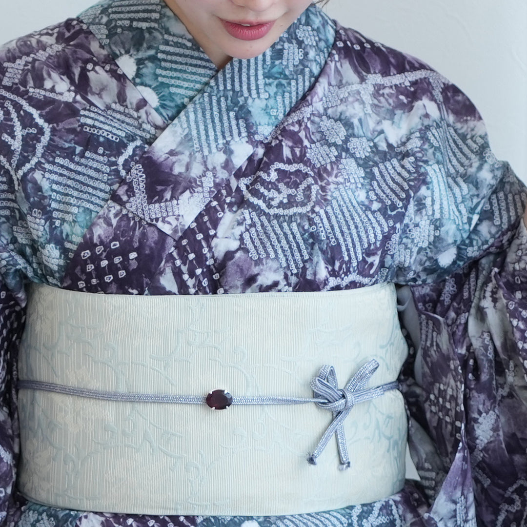 有松絞り浴衣帯下駄3点セット紫と緑の夏花