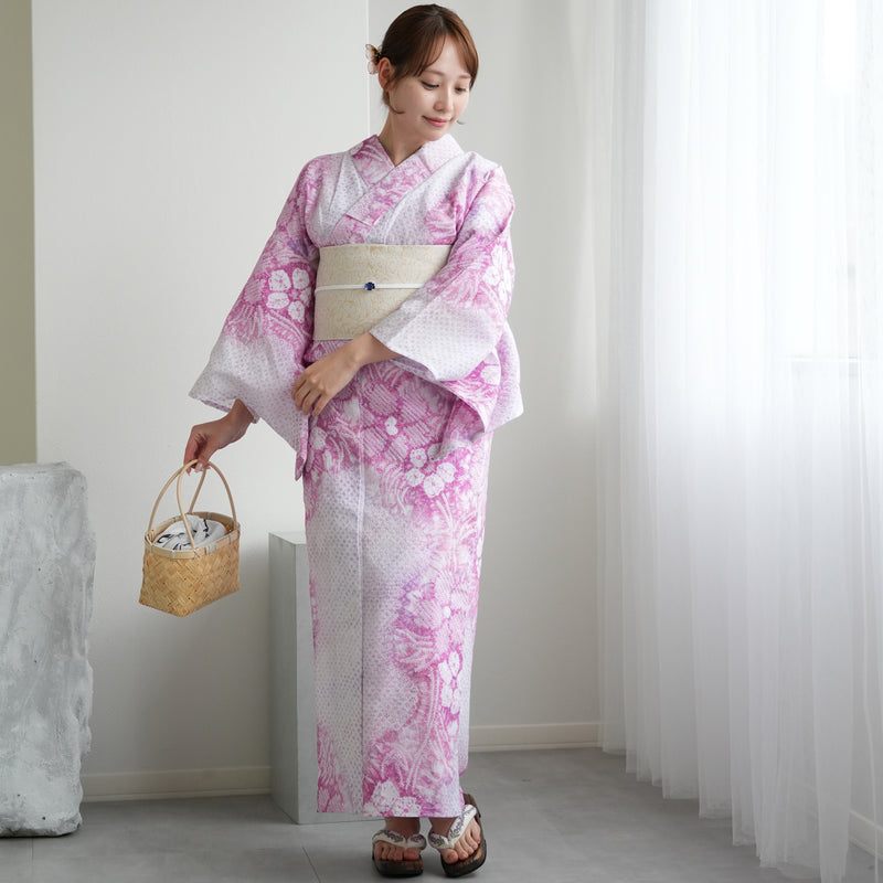 【 utatane 有松絞り 浴衣3点セット ( ゆかた・帯・下駄 ) 香り立つ桜色】フリーサイズ　特選シリーズ 伝統工芸 日本製  紗献上 単衣帯  国内縫製 手縫い併用 （5010259911）