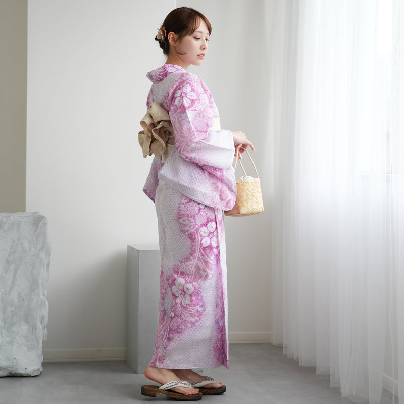 【 utatane 有松絞り 浴衣3点セット ( ゆかた・帯・下駄 ) 香り立つ桜色】フリーサイズ　特選シリーズ 伝統工芸 日本製  紗献上 単衣帯  国内縫製 手縫い併用 （5010259911）