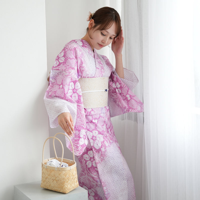 【 utatane 有松絞り 浴衣3点セット ( ゆかた・帯・下駄 ) 香り立つ桜色】フリーサイズ　特選シリーズ 伝統工芸 日本製  紗献上 単衣帯  国内縫製 手縫い併用 （5010259911）