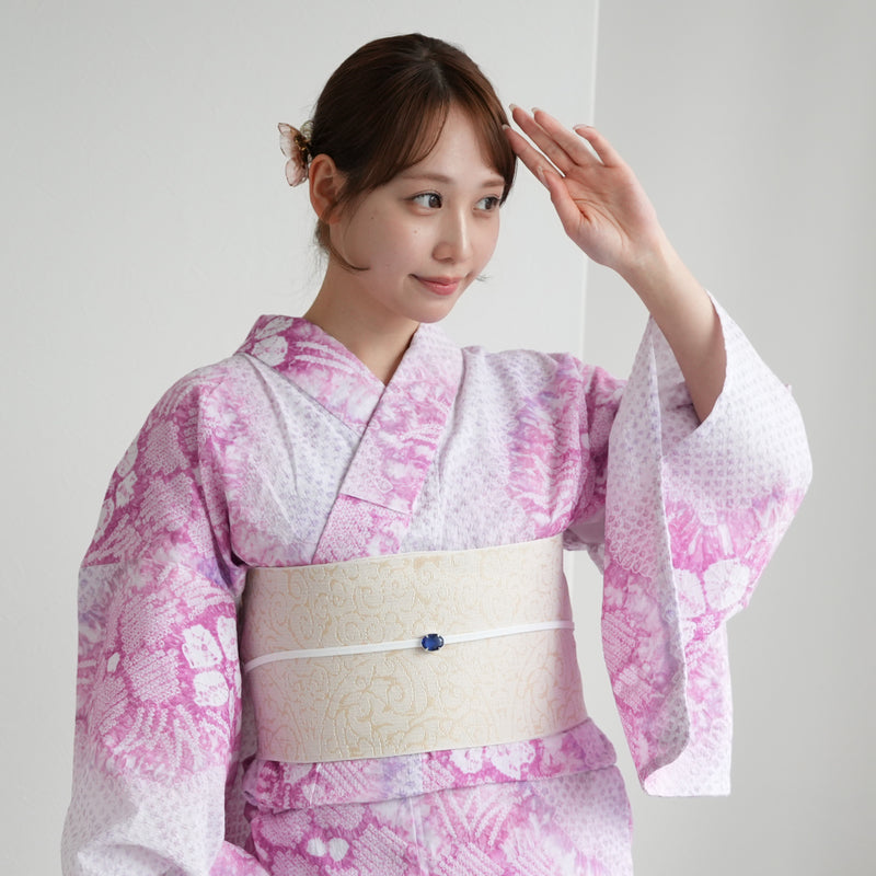 【 utatane 有松絞り 浴衣3点セット ( ゆかた・帯・下駄 ) 香り立つ桜色】フリーサイズ　特選シリーズ 伝統工芸 日本製  紗献上 単衣帯  国内縫製 手縫い併用 （5010259911）