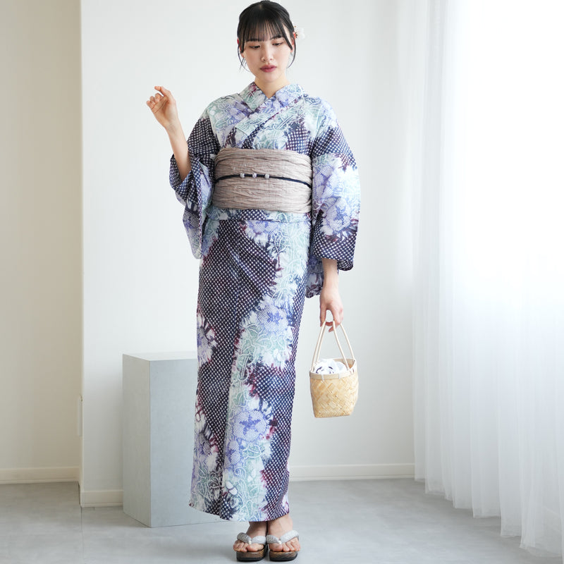 【 utatane 有松絞り 浴衣3点セット ( ゆかた・帯・下駄 ) 赤紫に流れる朝顔】フリーサイズ　特選シリーズ 伝統工芸 日本製  紗献上 単衣帯  国内縫製 手縫い併用 （5010260011）