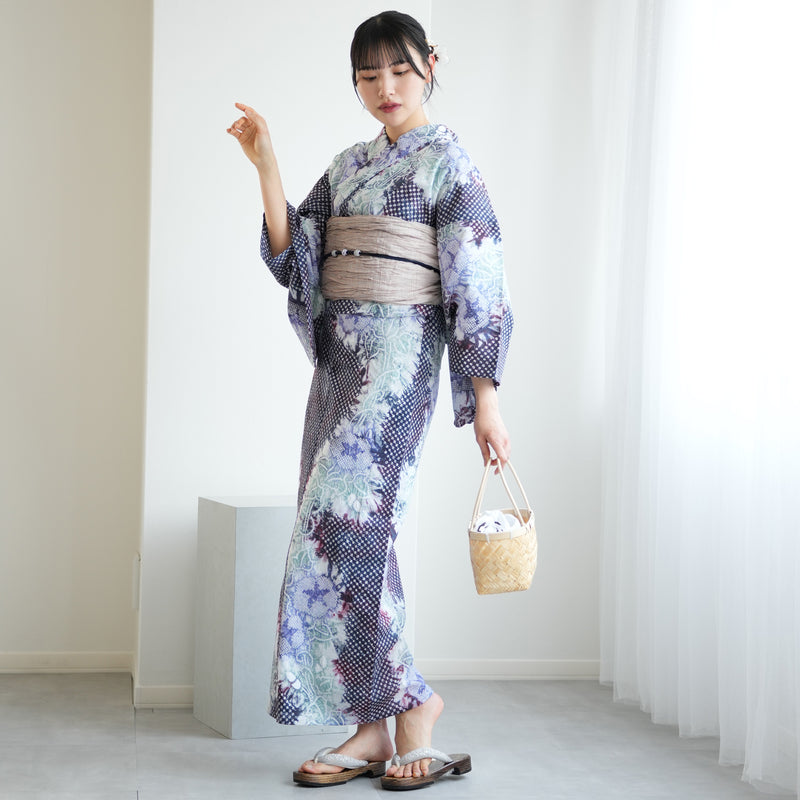 【 utatane 有松絞り 浴衣3点セット ( ゆかた・帯・下駄 ) 赤紫に流れる朝顔】フリーサイズ　特選シリーズ 伝統工芸 日本製  紗献上 単衣帯  国内縫製 手縫い併用 （5010260011）