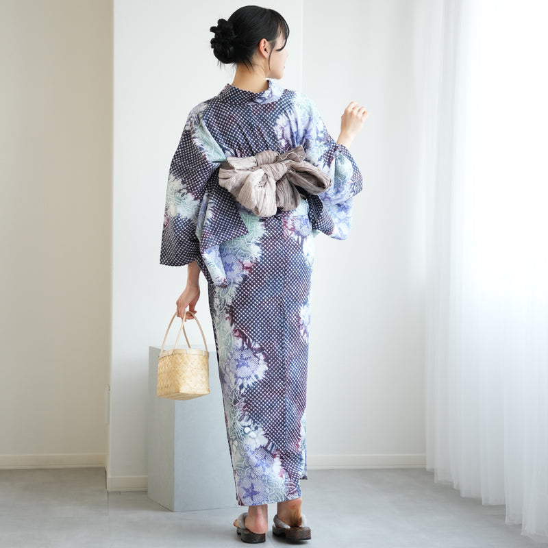 【 utatane 有松絞り 浴衣3点セット ( ゆかた・帯・下駄 ) 赤紫に流れる朝顔】フリーサイズ　特選シリーズ 伝統工芸 日本製  紗献上 単衣帯  国内縫製 手縫い併用 （5010260011）
