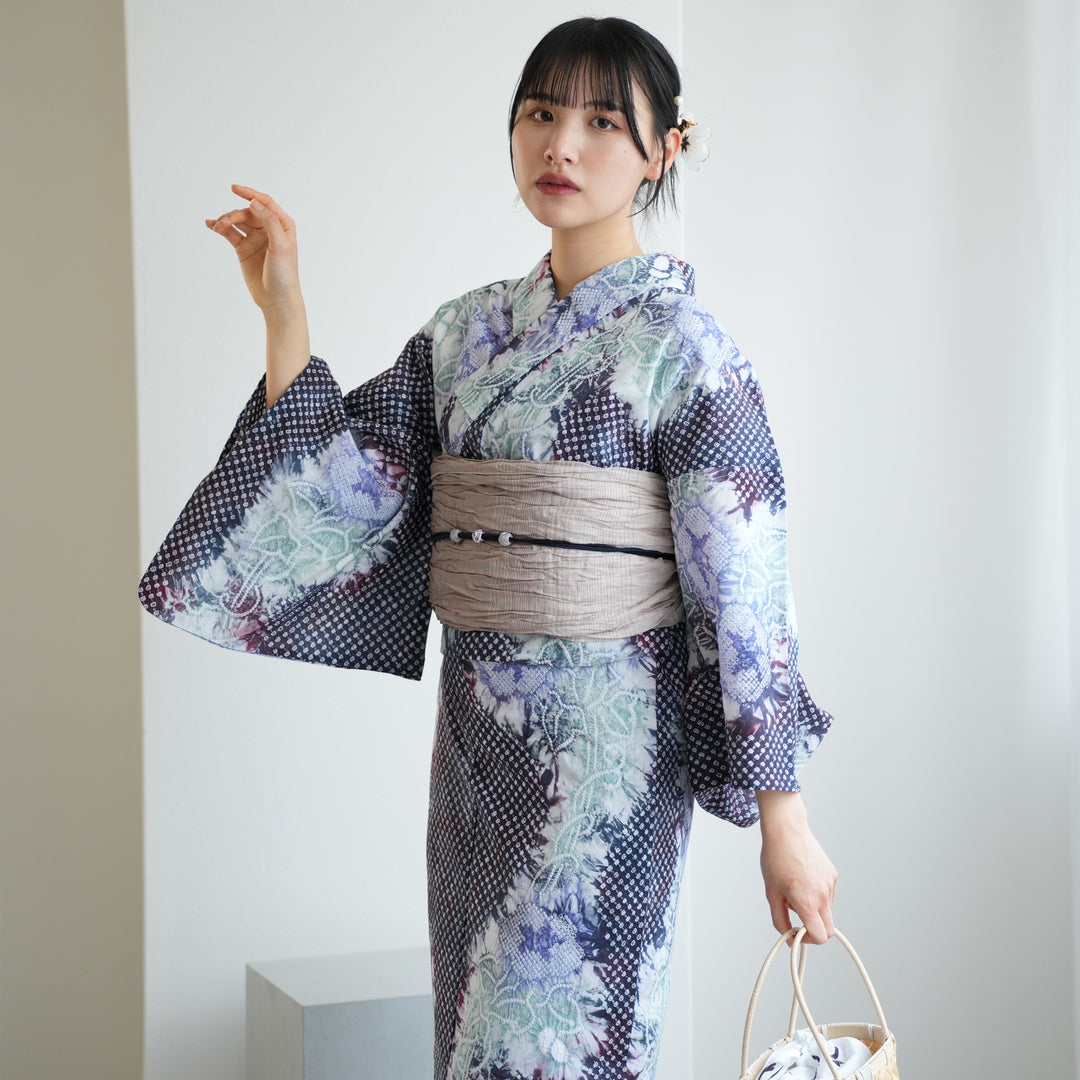 utatane 有松絞り 浴衣3点セット ( ゆかた・帯・下駄 ) 赤紫に流れる