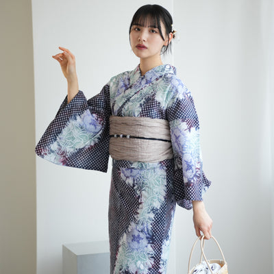 【 utatane 有松絞り 浴衣3点セット ( ゆかた・帯・下駄 ) 赤紫に流れる朝顔】フリーサイズ　特選シリーズ 伝統工芸 日本製  紗献上 単衣帯  国内縫製 手縫い併用 （5010260011）