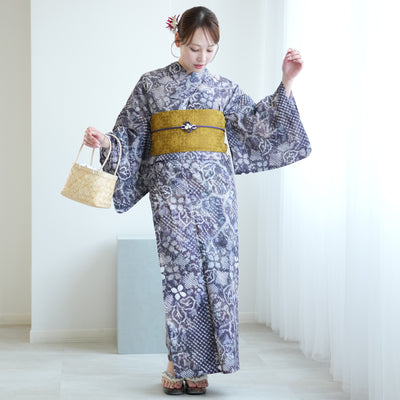 【 utatane 有松絞り 浴衣3点セット ( ゆかた・帯・下駄 ) 錆紫の蔓花】フリーサイズ　特選シリーズ 伝統工芸 日本製 国内縫製 手縫い併用  （5010260311）