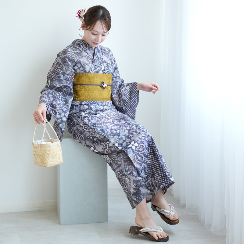 【 utatane 有松絞り 浴衣3点セット ( ゆかた・帯・下駄 ) 錆紫の蔓花】フリーサイズ　特選シリーズ 伝統工芸 日本製 国内縫製 手縫い併用  （5010260311）