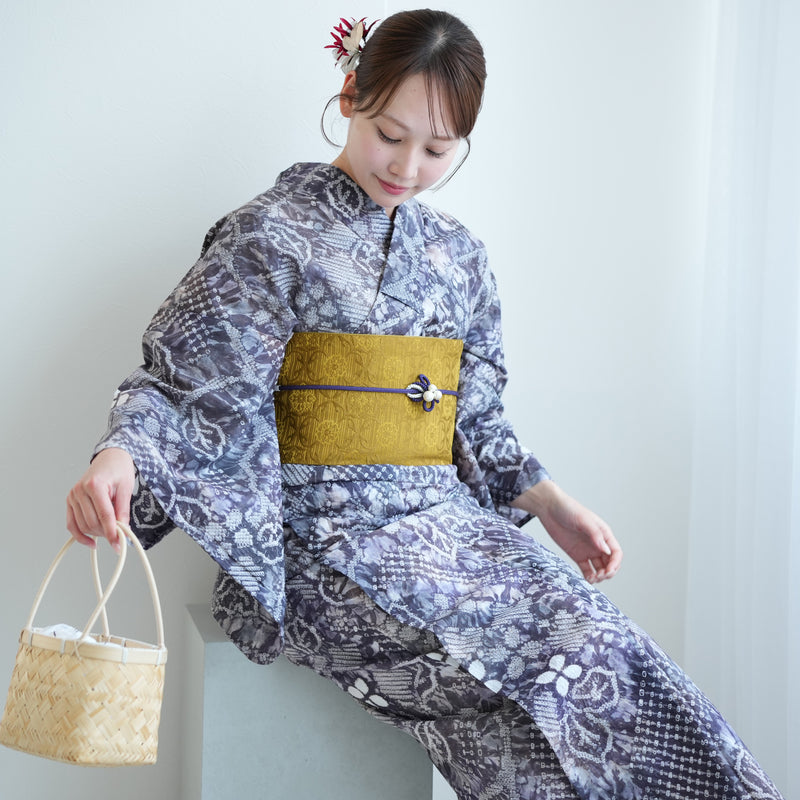【 utatane 有松絞り 浴衣3点セット ( ゆかた・帯・下駄 ) 錆紫の蔓花】フリーサイズ　特選シリーズ 伝統工芸 日本製 国内縫製 手縫い併用  （5010260311）