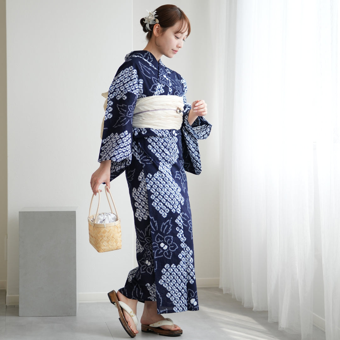 utatane 有松絞り 浴衣3点セット ( ゆかた・帯・下駄 ) 鬼灯