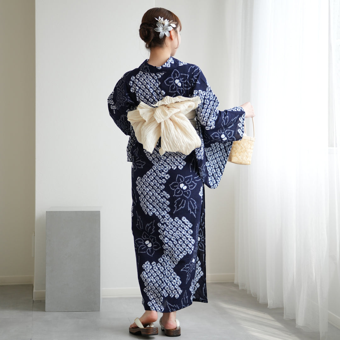 手縫い　絞り浴衣　ゆかた プレミアムゆかた】藤娘きぬたや 総絞りゆかた（桧垣模様） 紺