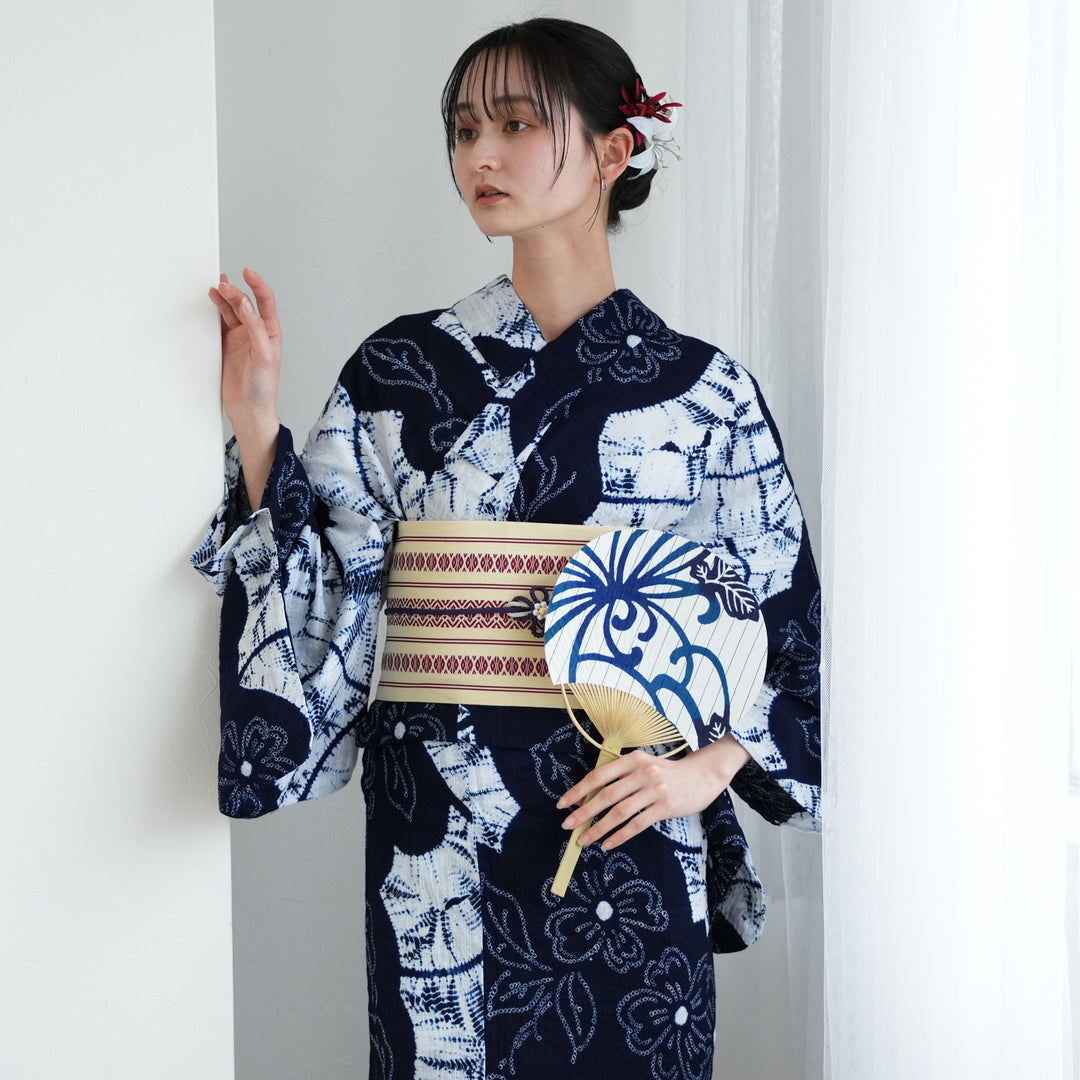 utatane 有松絞り 浴衣3点セット ( ゆかた・帯・下駄 ) 綿麻 白