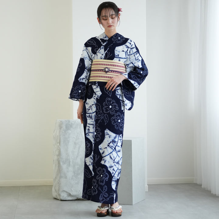 utatane 有松絞り 浴衣3点セット ( ゆかた・帯・下駄 ) 綿麻 白