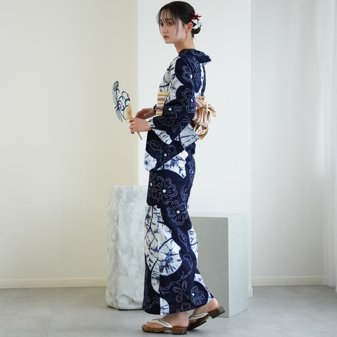 utatane 有松絞り 浴衣3点セット ( ゆかた・帯・下駄 ) 綿麻 白