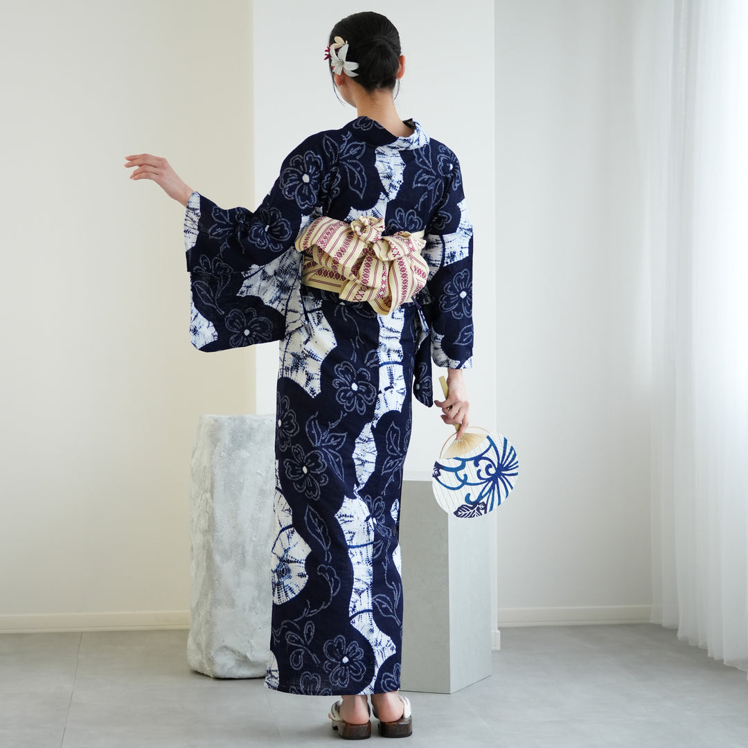utatane 有松絞り 浴衣3点セット ( ゆかた・帯・下駄 ) 綿麻 白