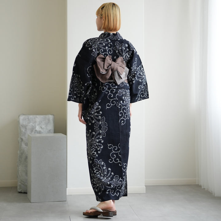 utatane×注染工房 浴衣3点セット（ゆかた・帯・下駄）赤坂紬 黒地に