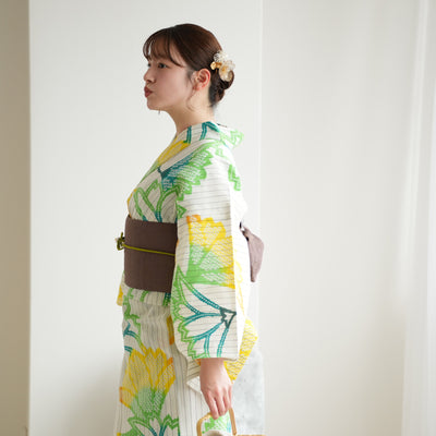 【utatane×注染工房 浴衣3点セット（ゆかた・帯・下駄）等間しじら　レモンライムの横見桜】フリーサイズ  日本製 小幅生地使用 特選シリーズ 注染 本染め  手縫い併用国内縫製 奈良の職人さんの手染め （5010261211）