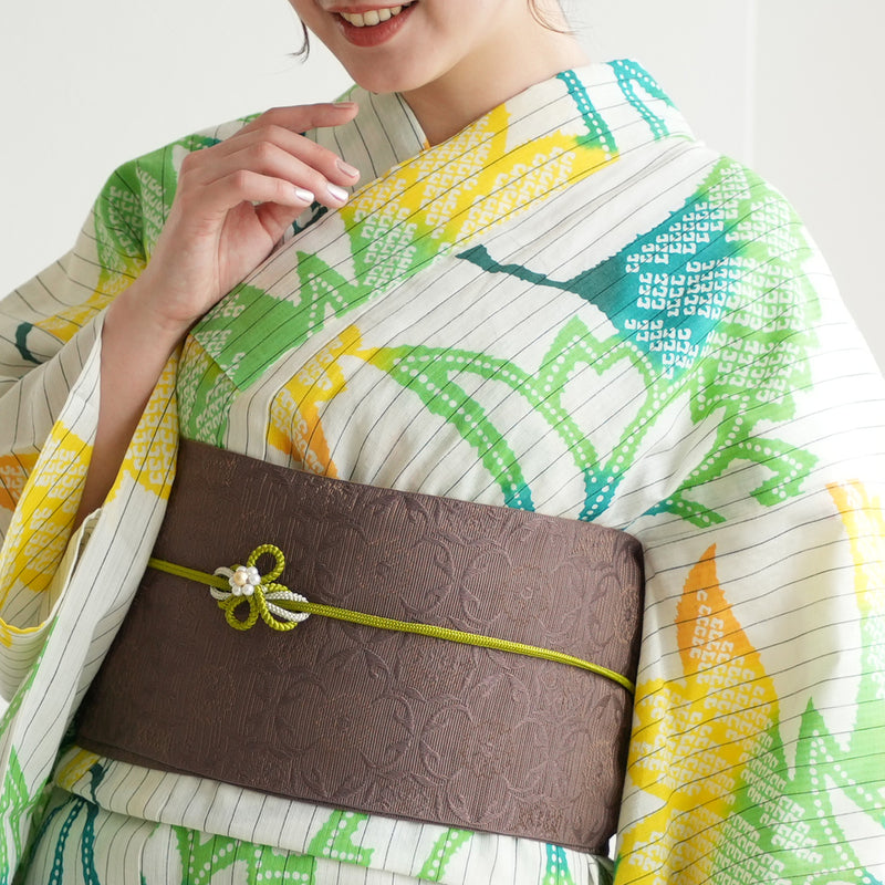 【utatane×注染工房 浴衣3点セット（ゆかた・帯・下駄）等間しじら　レモンライムの横見桜】フリーサイズ  日本製 小幅生地使用 特選シリーズ 注染 本染め  手縫い併用国内縫製 奈良の職人さんの手染め （5010261211）