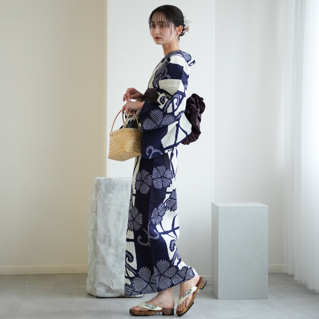 utatane × 注染工房 浴衣3点セット（ゆかた・帯・下駄）等間しじら 紺